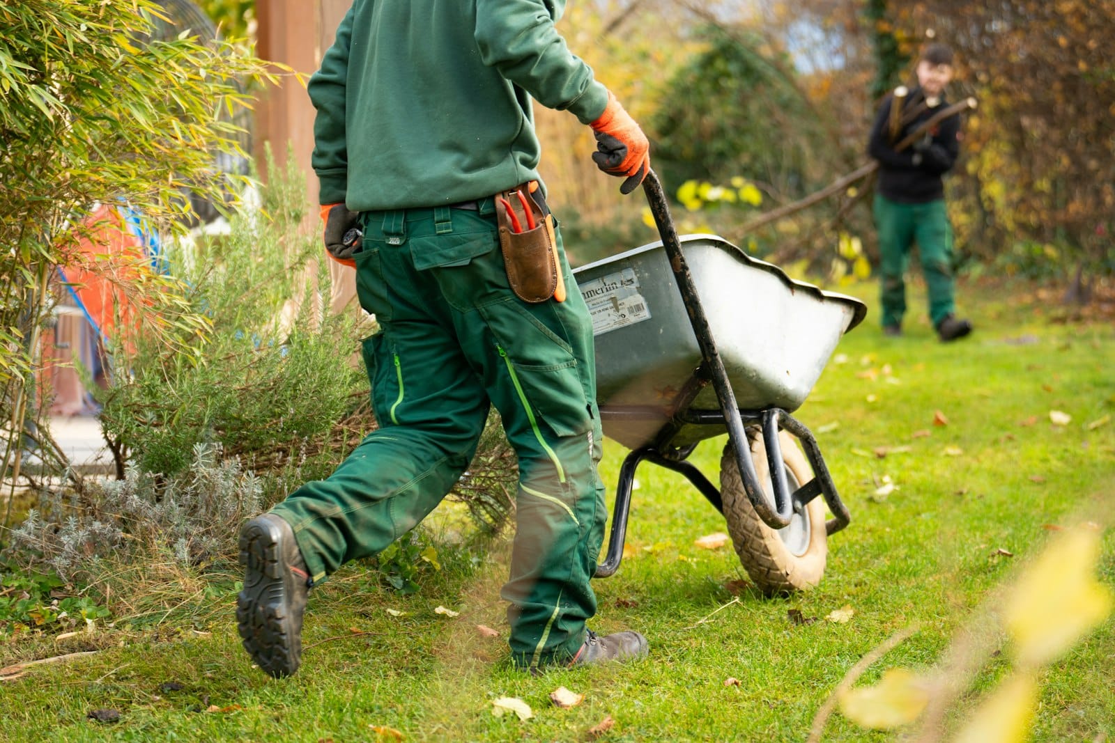 Landscaper wheeling a barrow across a lawn